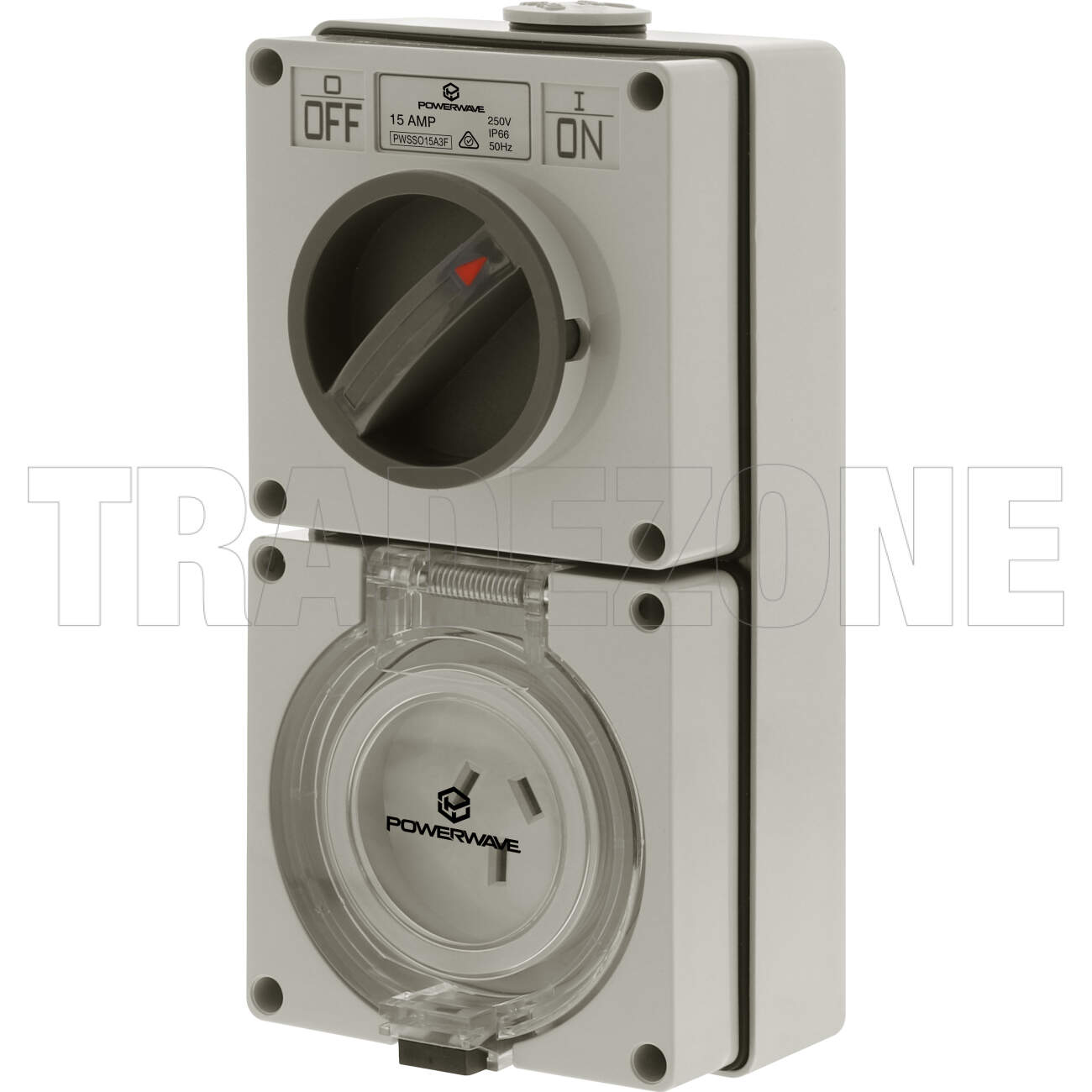 Powerwave 15 Amp Single Phase 3 Flat Pins IP66 Industrial Switched Outlet Grey