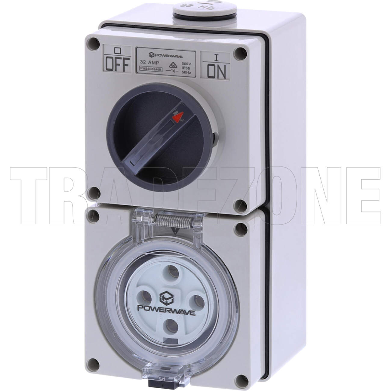 Powerwave 32 Amp 3 Phase 4 Round Pins IP66 Industrial Switched Outlet Grey