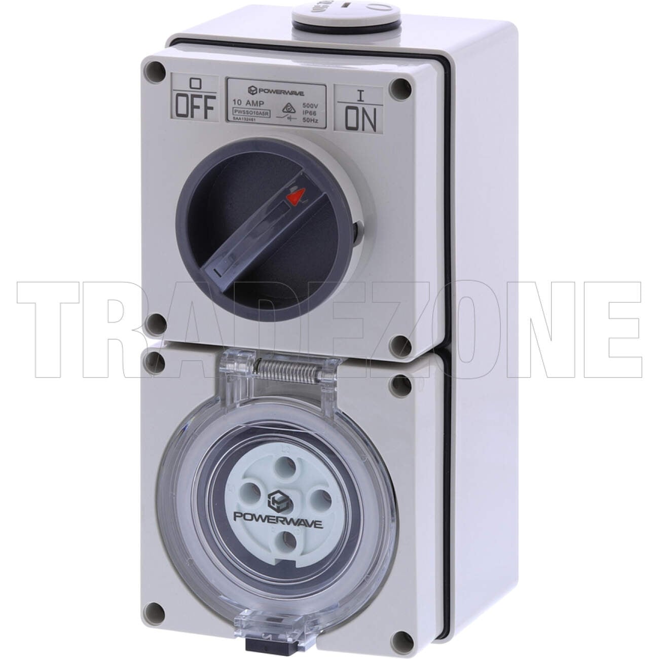 Powerwave 10 Amp 3 Phase 5 Round Pins IP66 Industrial Switched Outlet Grey