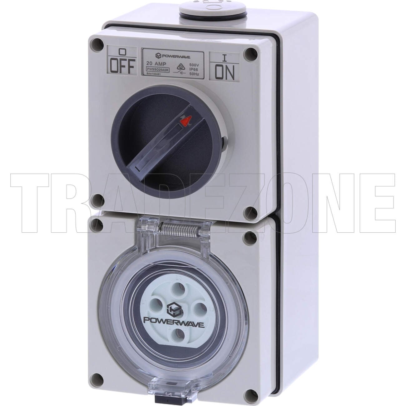 Powerwave 20 Amp 3 Phase 5 Round Pins IP66 Industrial Switched Outlet Grey