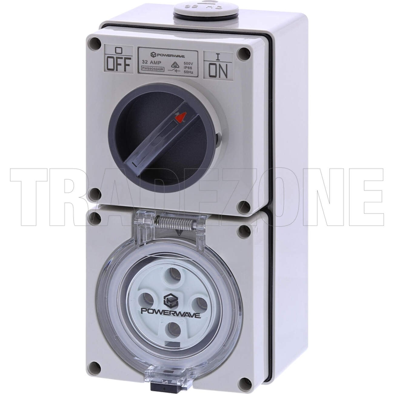 Powerwave 32 Amp 3 Phase 5 Round Pins IP66 Industrial Switched Outlet Grey