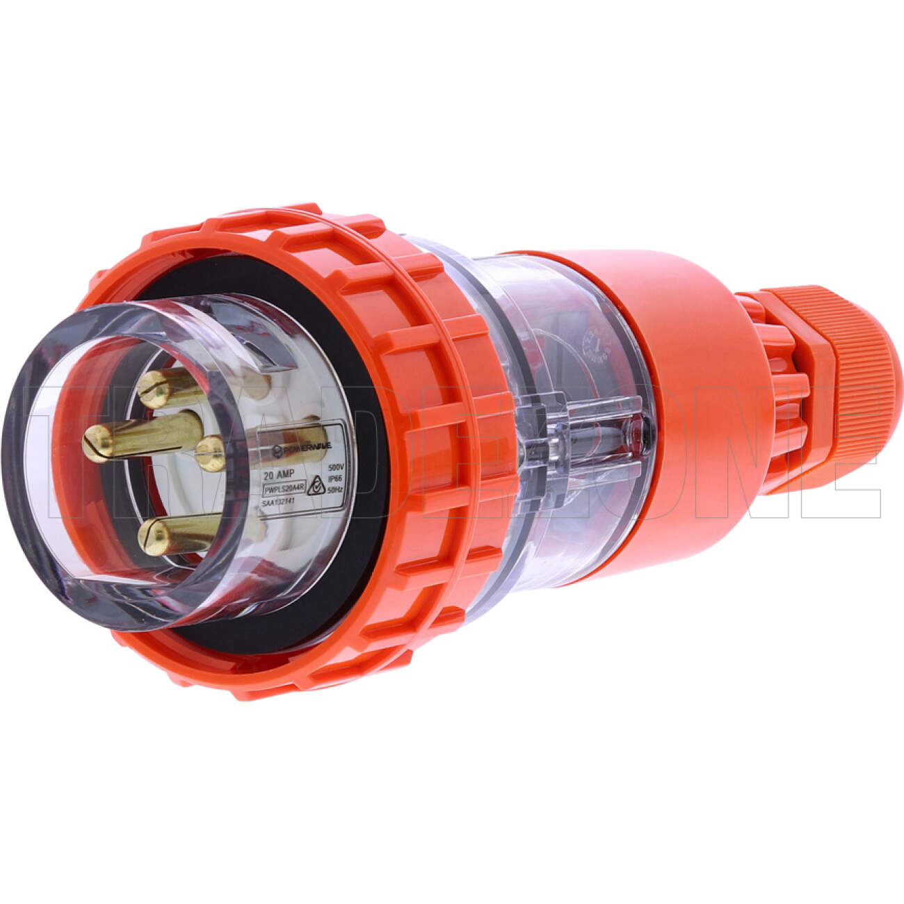 Powerwave 20 Amp 3 Phase 4 Round Pins IP66 Straight Industrial Plug Orange