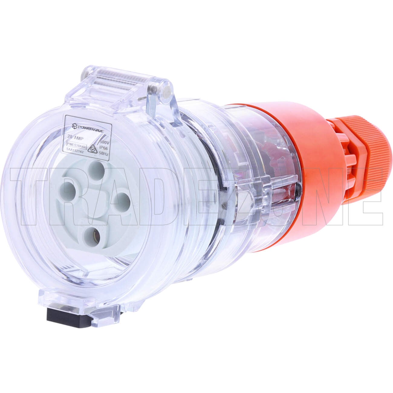 Powerwave 20 Amp 3 Phase 4 Round Pins IP66 Industrial Straight Extension Socket Orange
