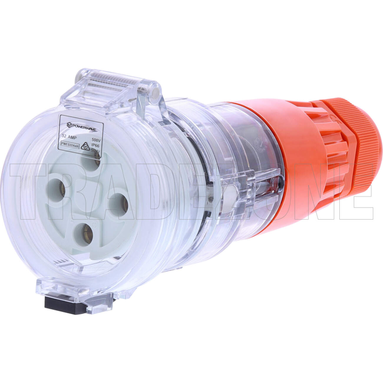 Powerwave 32 Amp 3 Phase 4 Round Pins IP66 Industrial Straight Extension Socket Orange