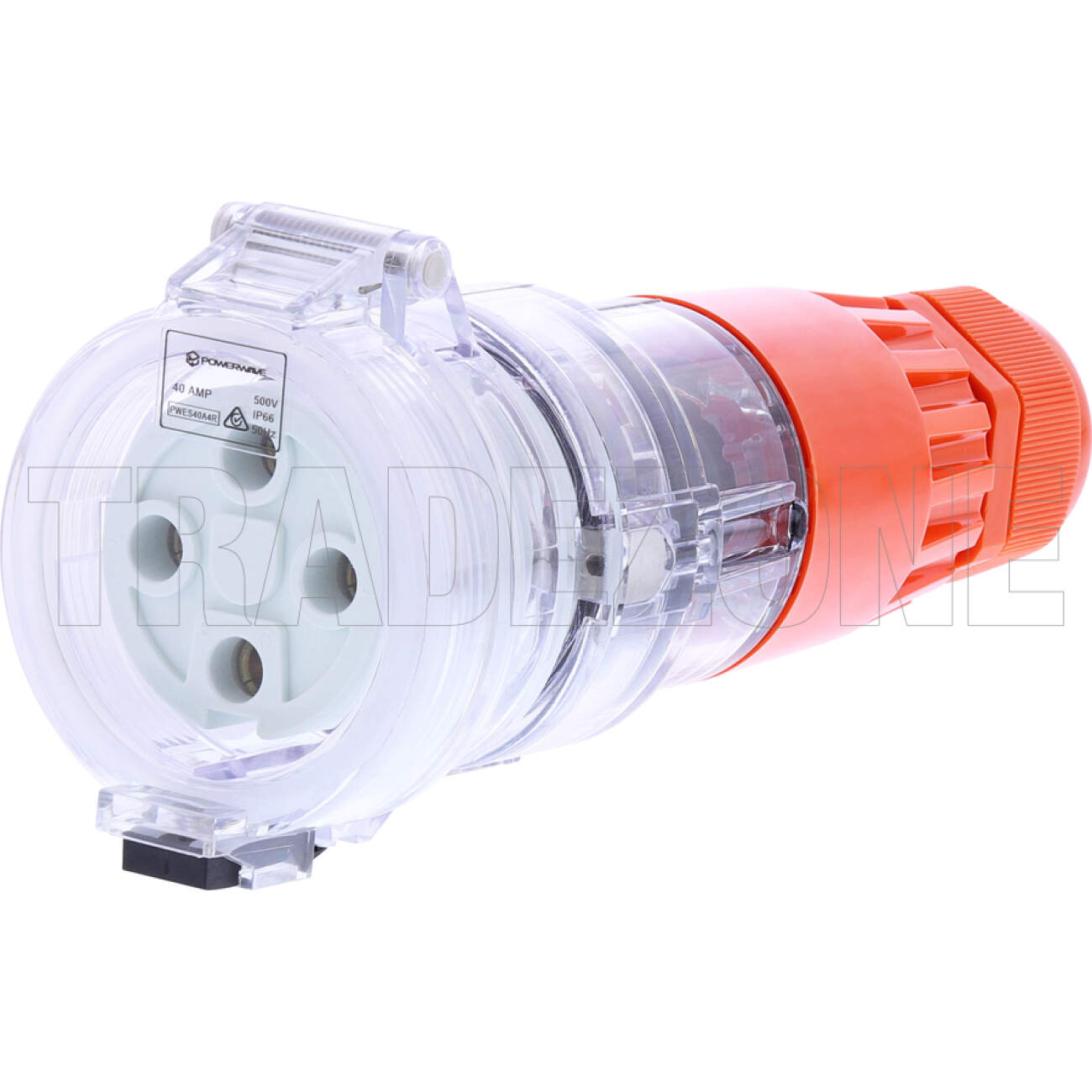 Powerwave 40 Amp 3 Phase 4 Round Pins IP66 Industrial Straight Extension Socket Orange