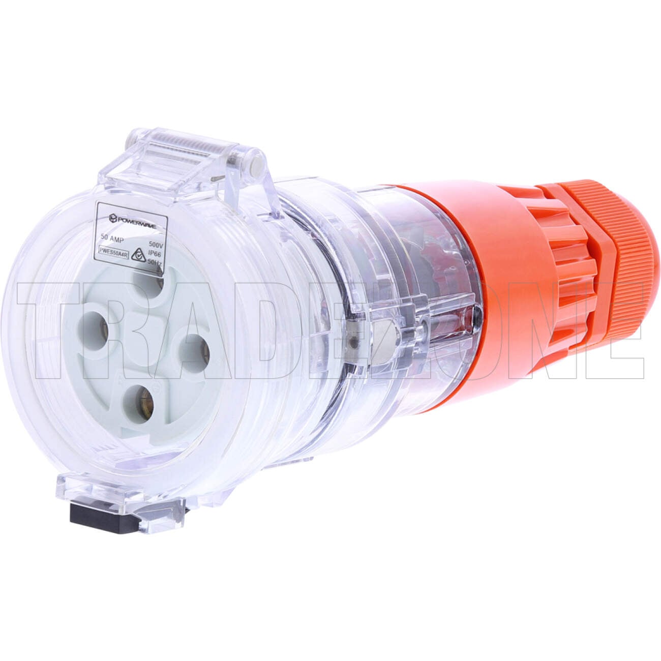 Powerwave 50 Amp 3 Phase 4 Round Pins IP66 Industrial Straight Extension Socket Orange