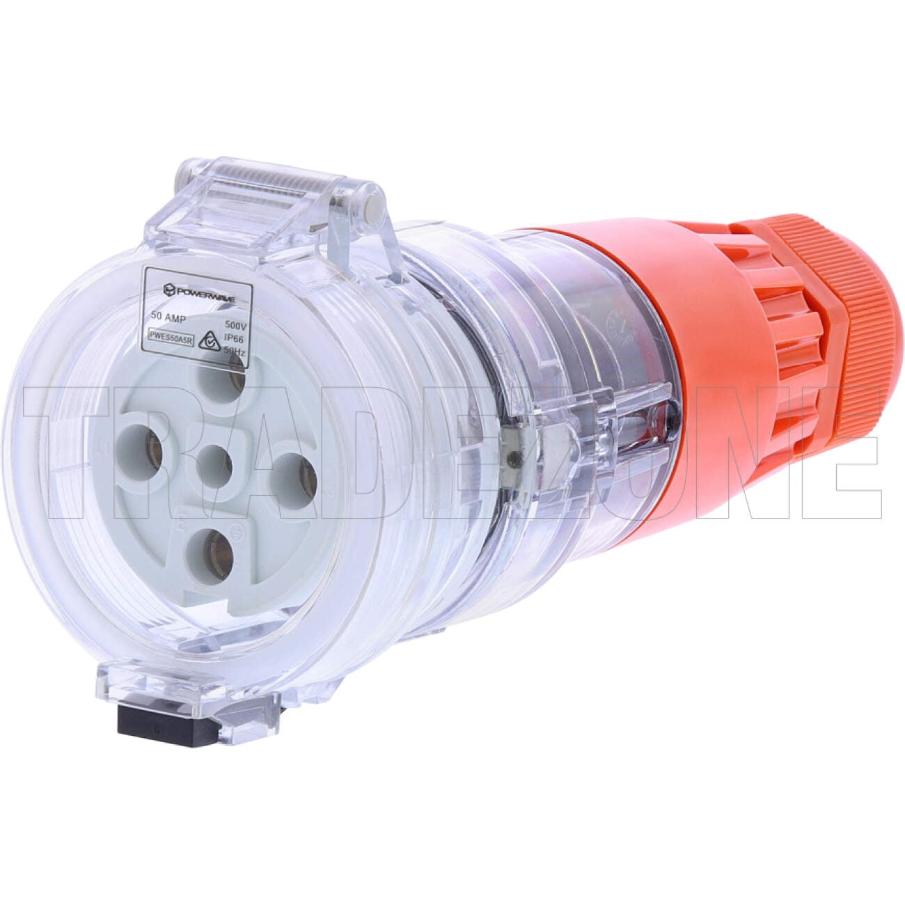 Powerwave 50 Amp 3 Phase 5 Round Pins IP66 Industrial Straight Extension Socket Orange