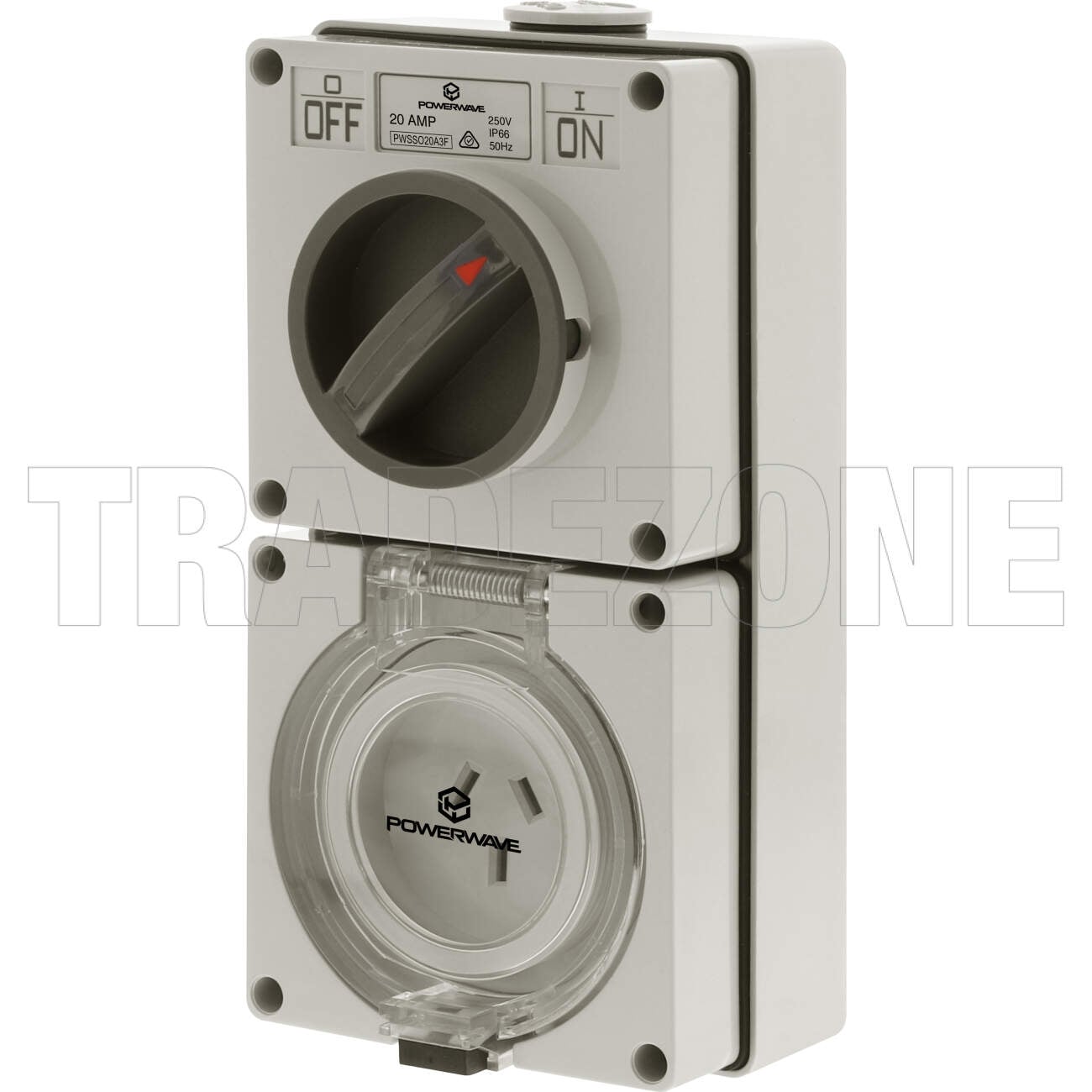Powerwave 20 Amp Single Phase 3 Flat Pins IP66 Industrial Switched Outlet Grey