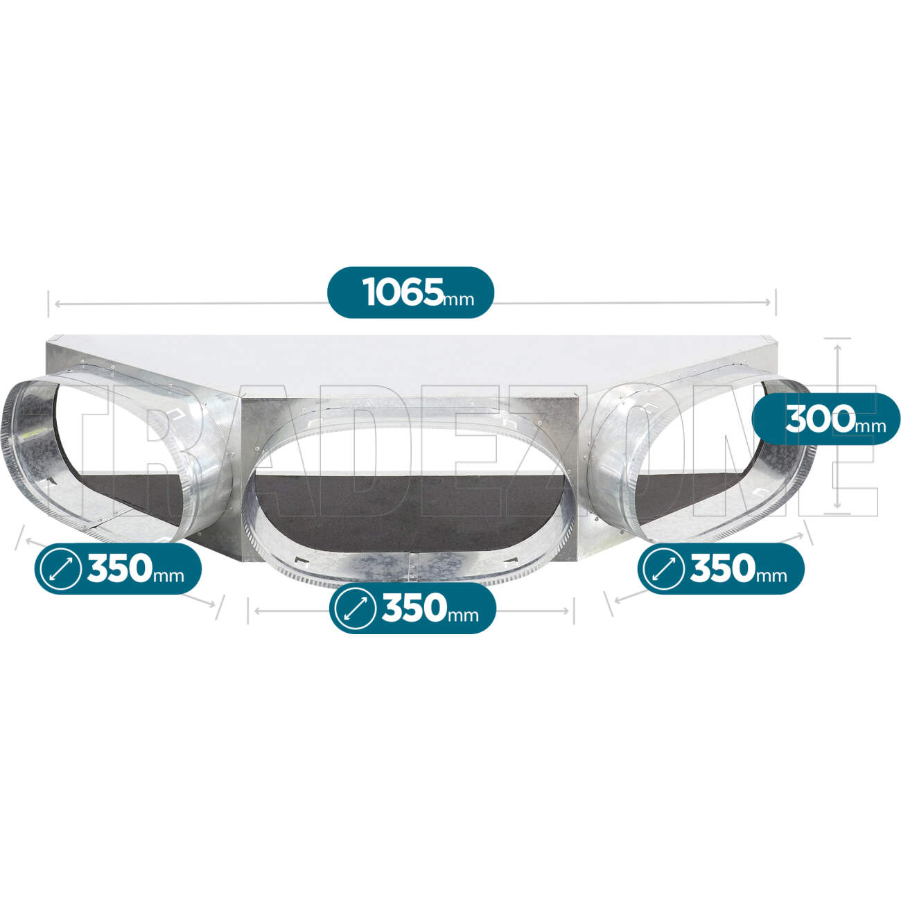 Powerwave Air 1065mm x 300mm Supply Air V-Box Plenum with 3 x 350mm Spigot Suitable for Mitsubishi Models FDUA140VNXWVH & FDUA160VNXWVH