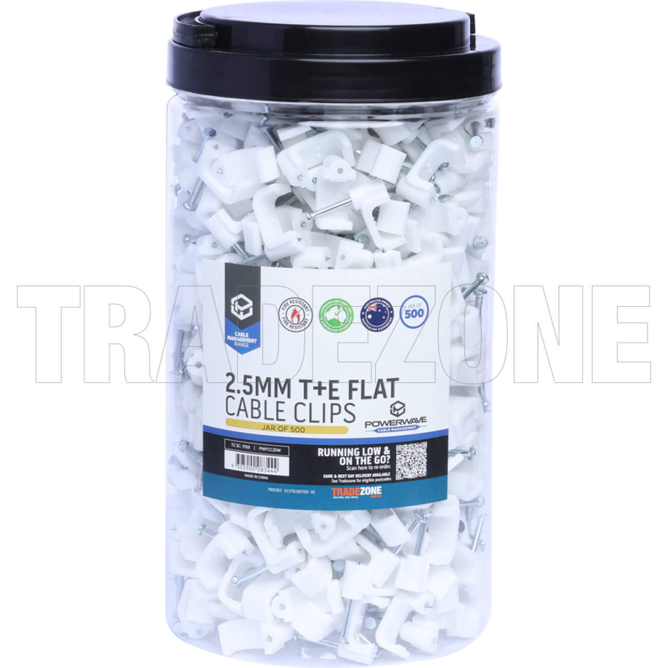 Powerwave 2.5mm T+E Flat Cable Clips White Jar of 500