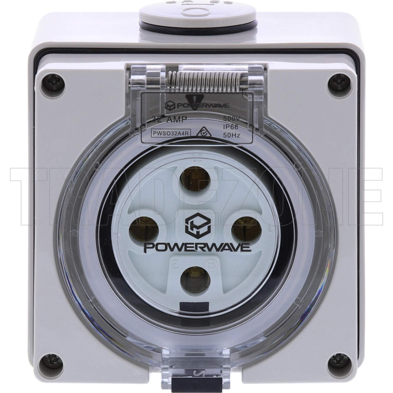 Powerwave 32 Amp 3 Phase 4 Round Pins IP66 Industrial Socket Outlet Grey - Image 2
