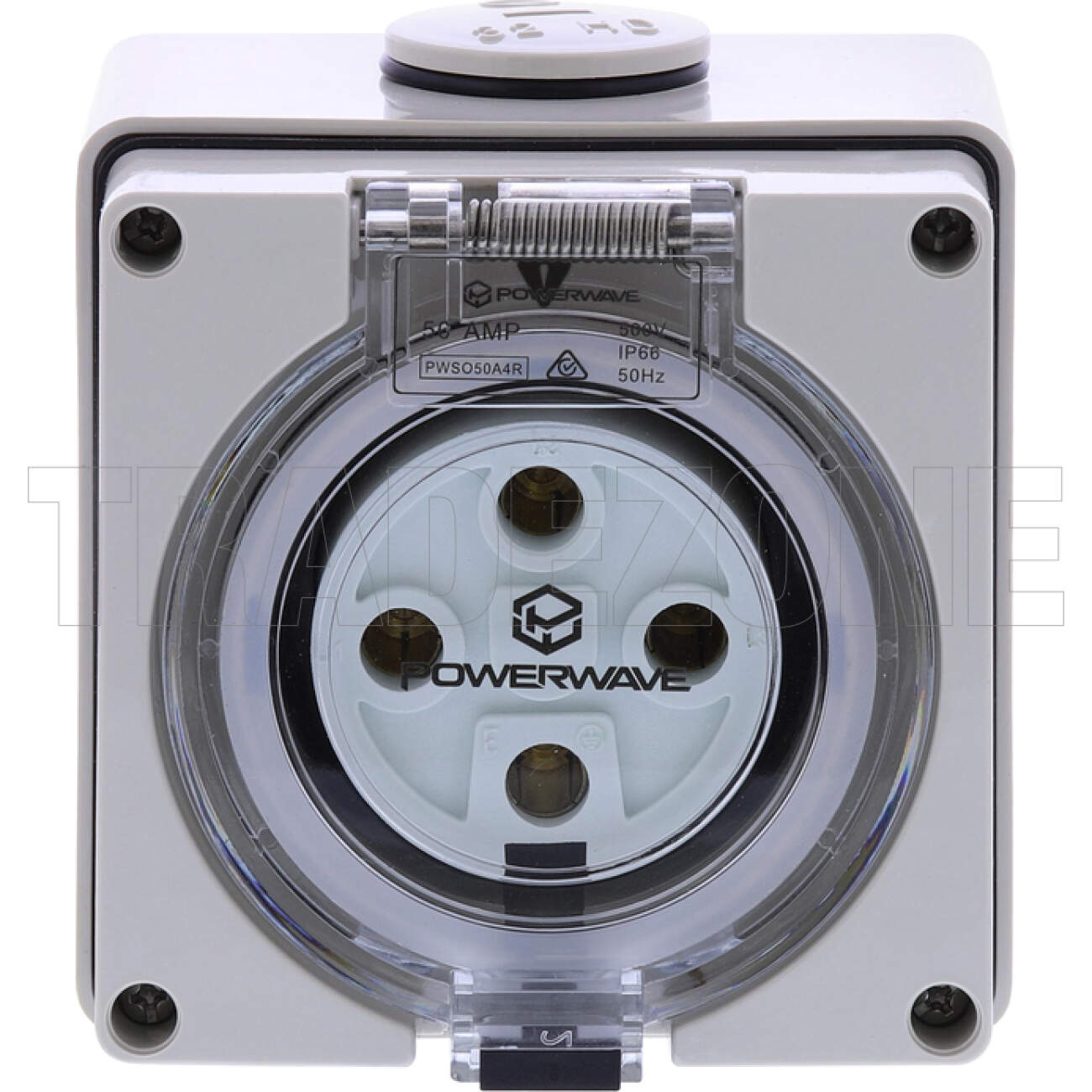 Powerwave 50 Amp 3 Phase 4 Round Pins IP66 Industrial Socket Outlet Grey - Image 2