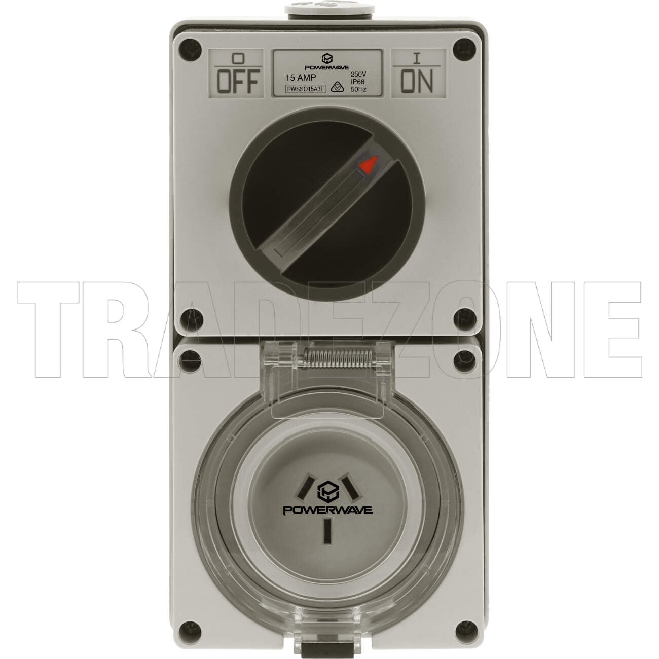 Powerwave 15 Amp Single Phase 3 Flat Pins IP66 Industrial Switched Outlet Grey - Image 2