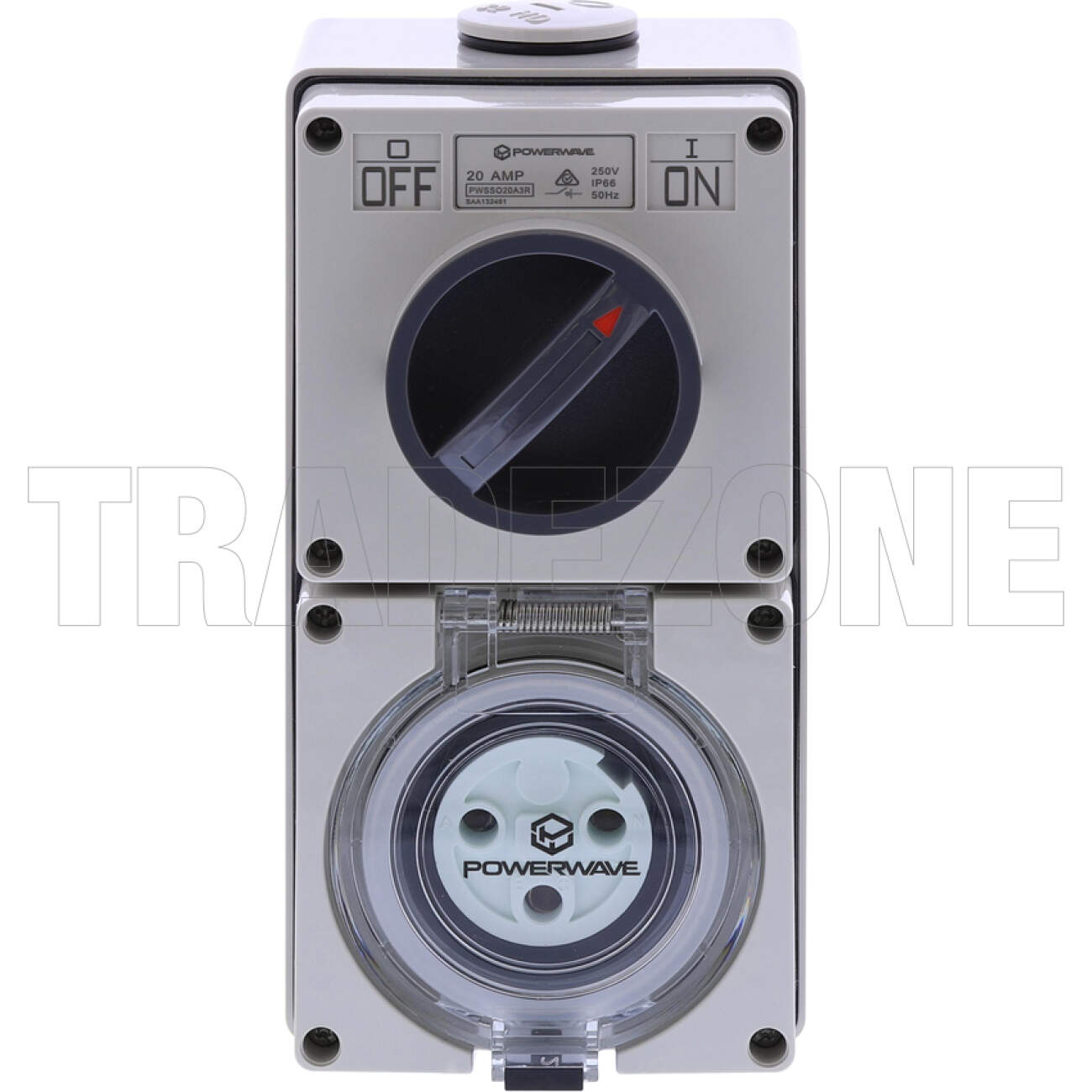 Powerwave 20 Amp Single Phase 3 Round Pins IP66 Industrial Switched Outlet Grey - Image 2