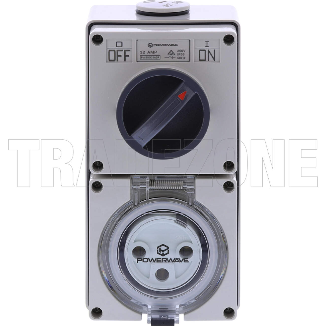 Powerwave 32 Amp Single Phase 3 Round Pins IP66 Industrial Switched Outlet Grey - Image 2