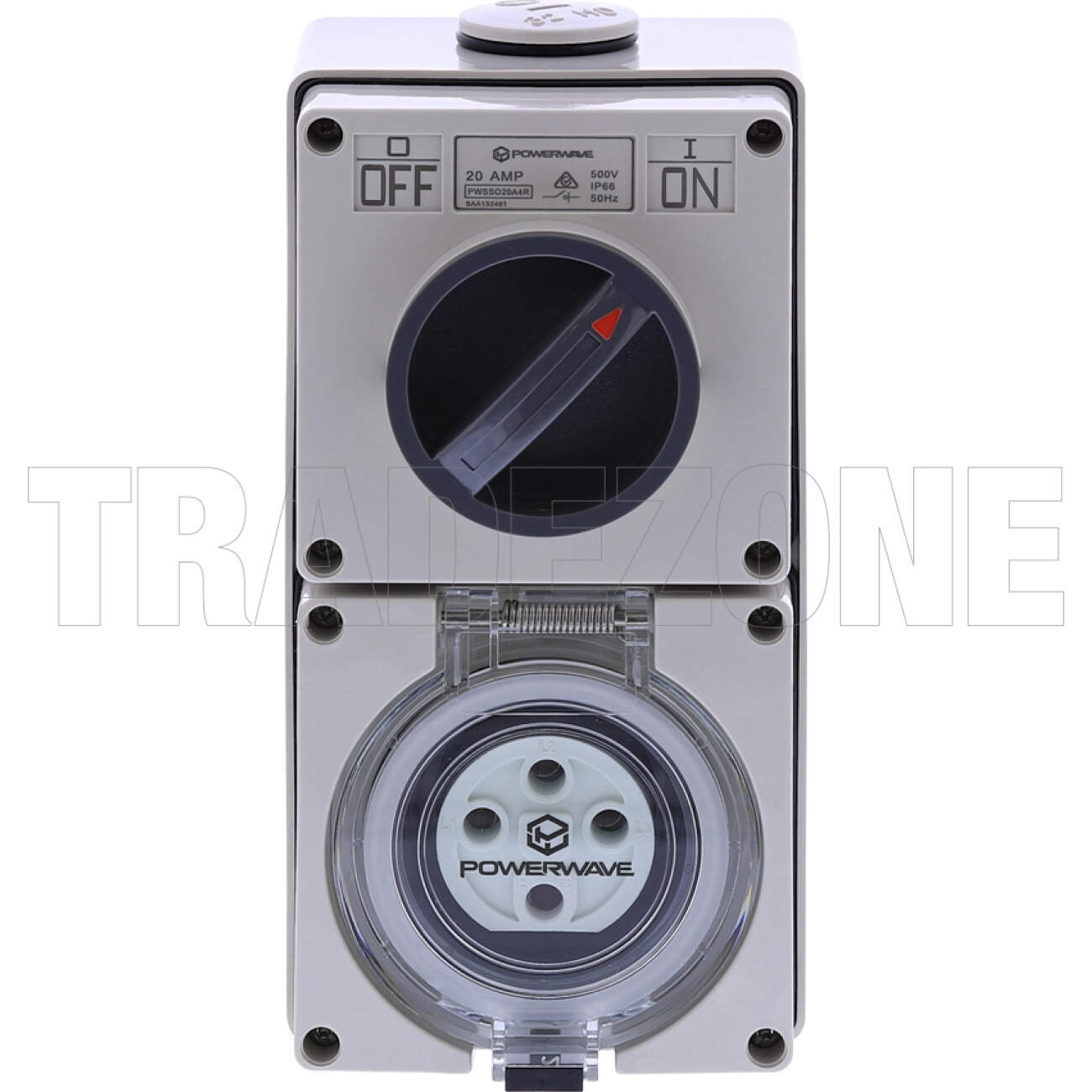 Powerwave 20 Amp 3 Phase 4 Round Pins IP66 Industrial Switched Outlet Grey - Image 2
