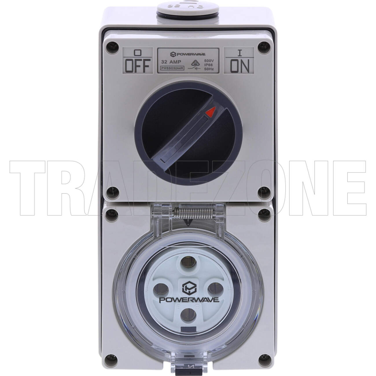 Powerwave 32 Amp 3 Phase 4 Round Pins IP66 Industrial Switched Outlet Grey - Image 2