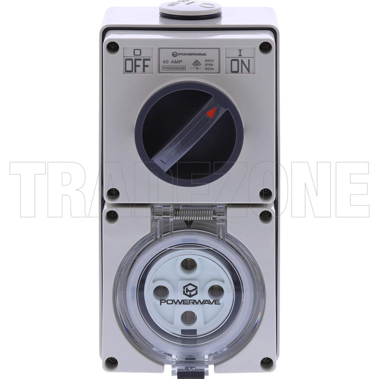 Powerwave 40 Amp 3 Phase 4 Round Pins IP66 Industrial Switched Outlet Grey - Image 2
