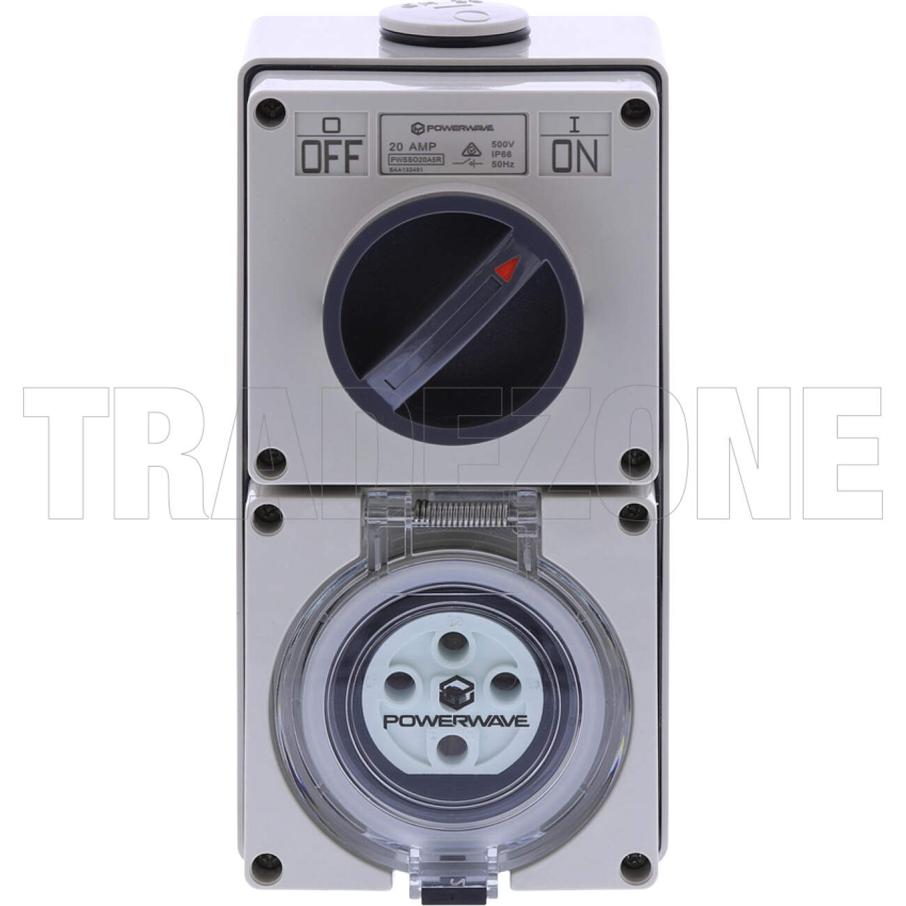 Powerwave 20 Amp 3 Phase 5 Round Pins IP66 Industrial Switched Outlet Grey - Image 2