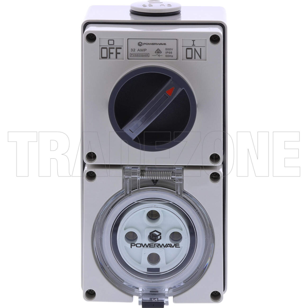 Powerwave 32 Amp 3 Phase 5 Round Pins IP66 Industrial Switched Outlet Grey - Image 2