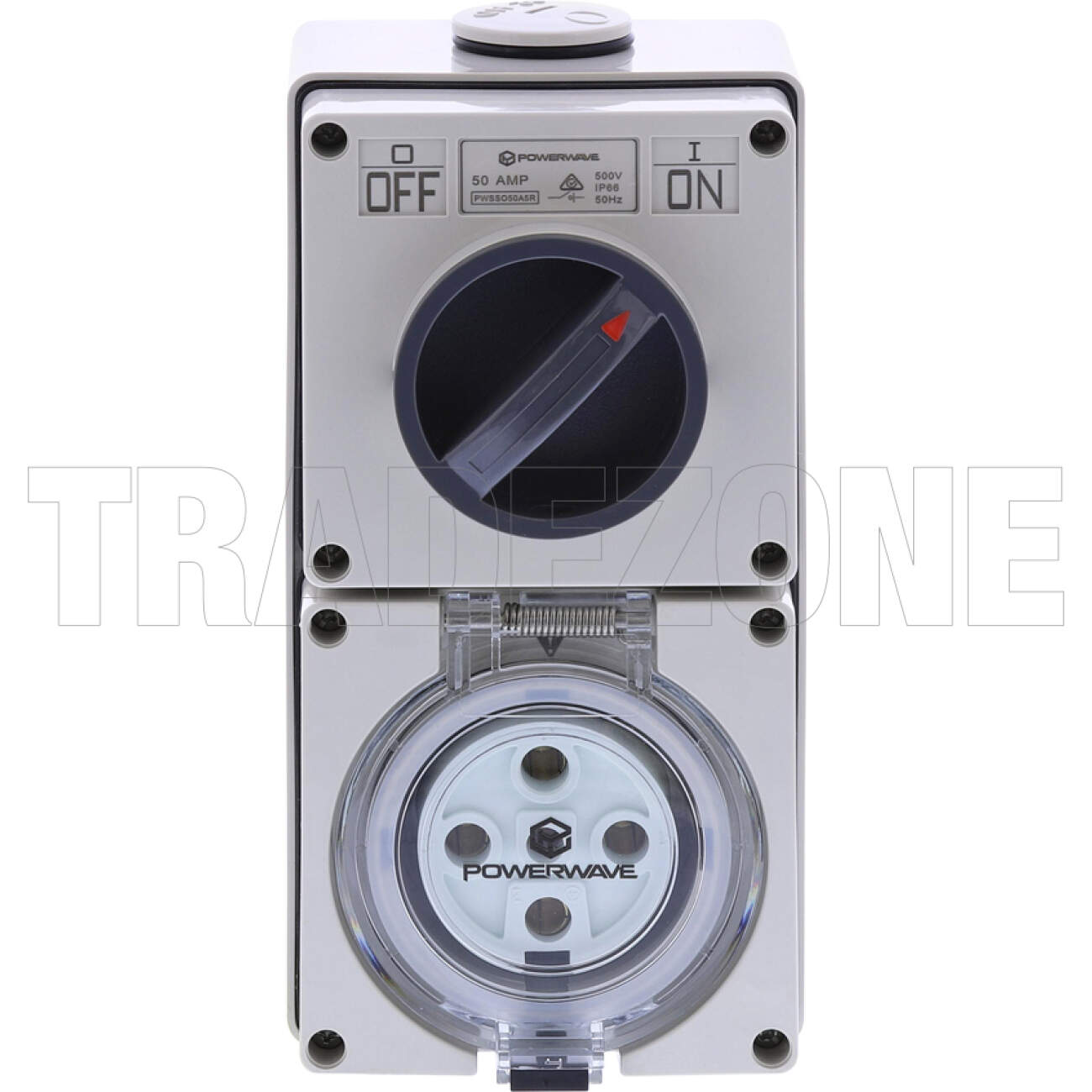 Powerwave 50 Amp 3 Phase 5 Round Pins IP66 Industrial Switched Outlet Grey - Image 2