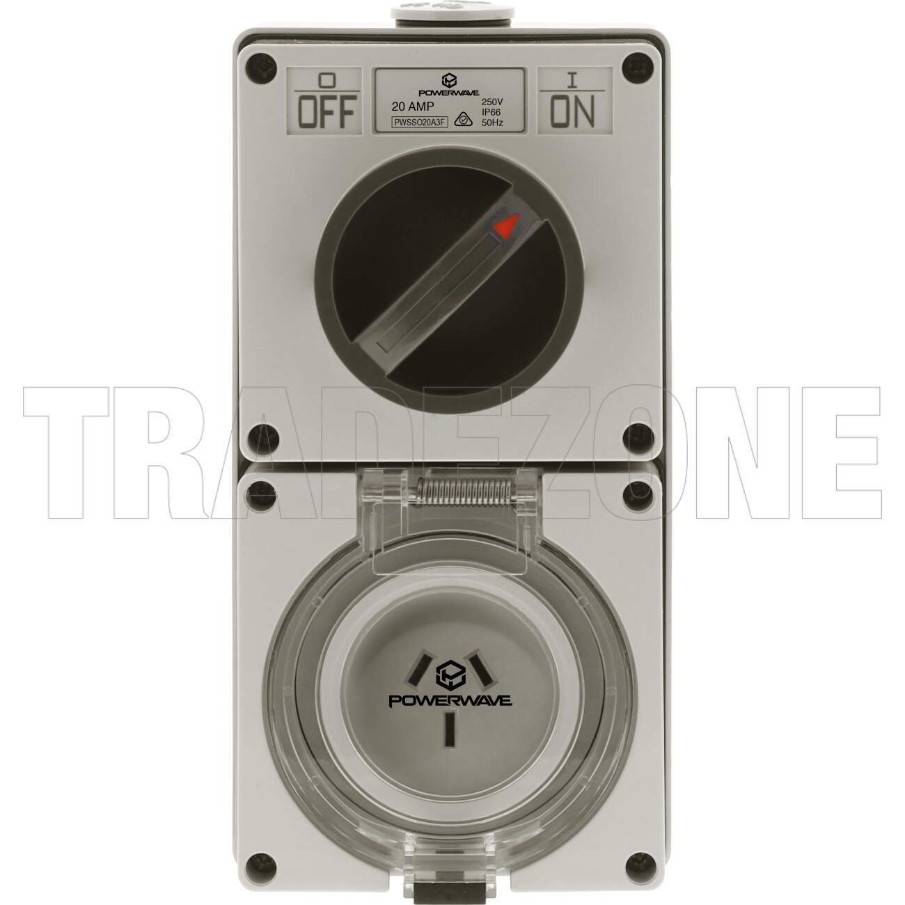 Powerwave 20 Amp Single Phase 3 Flat Pins IP66 Industrial Switched Outlet Grey - Image 2