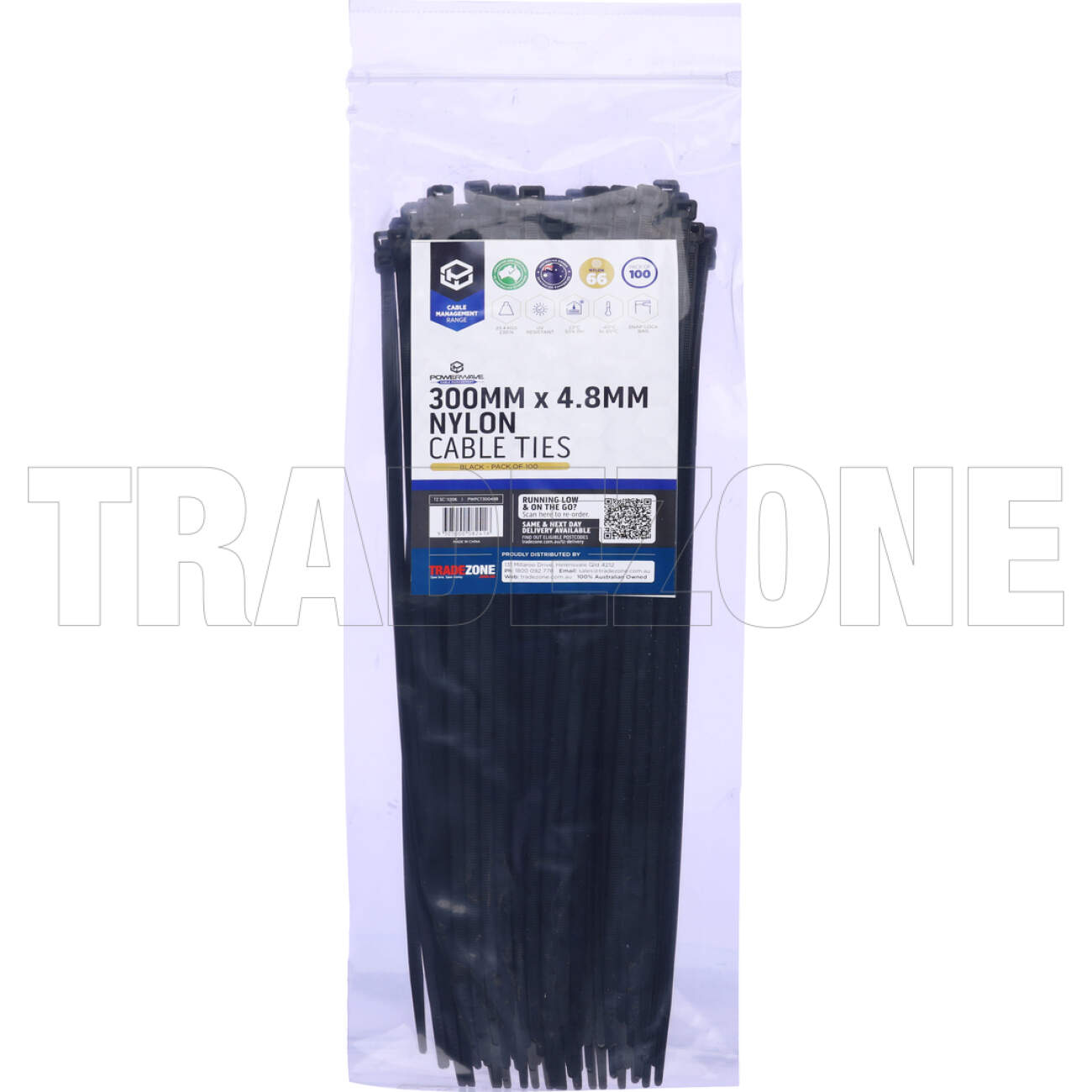 Powerwave 300mm x 4.8mm Nylon Cable Ties Black Pack of 100 - Image 2