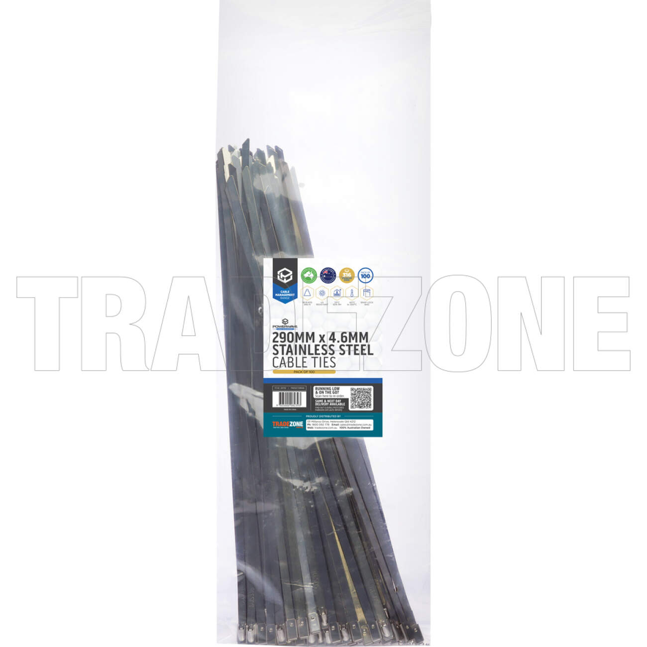 Powerwave 290mm x 4.6mm Stainless Steel Cable Ties Pack Of 100 - Image 2