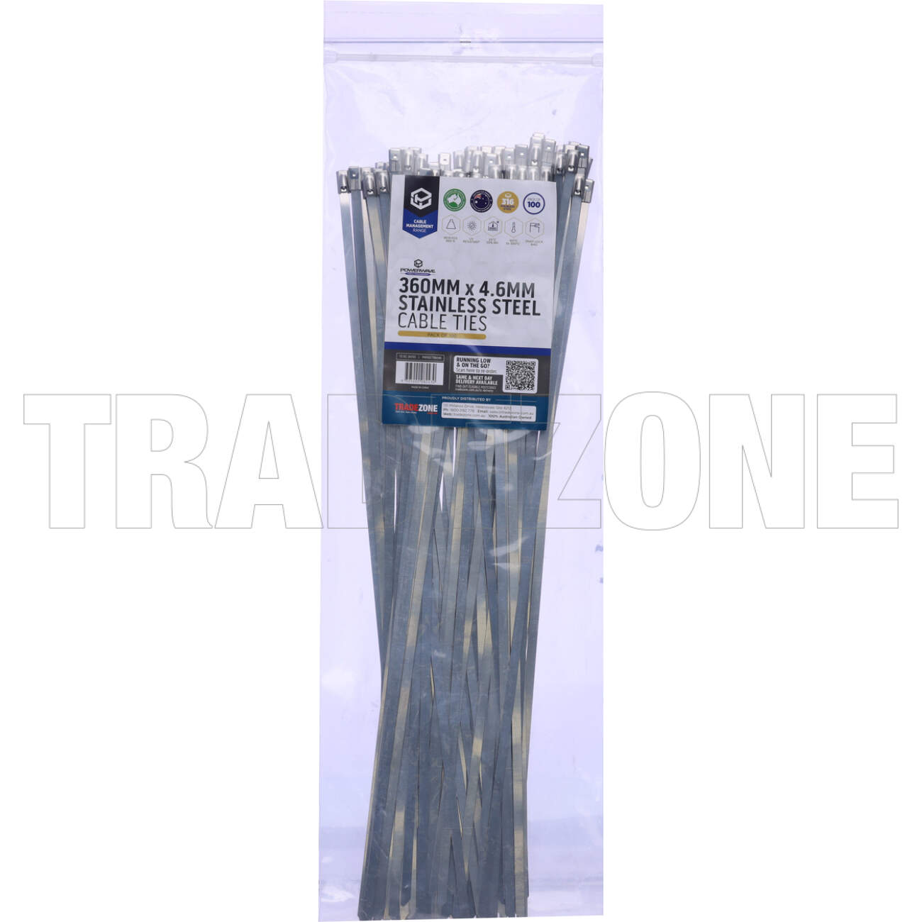 Powerwave 360mm x 4.6mm Stainless Steel Cable Ties Pack Of 100 - Image 2