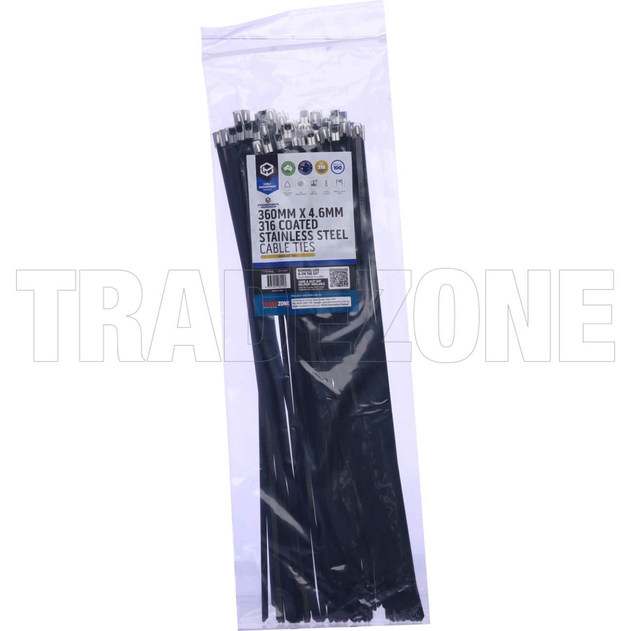 Powerwave 360mm x 4.6mm 316 Coated Stainless Steel Cable Ties Pack Of 100 - Image 2