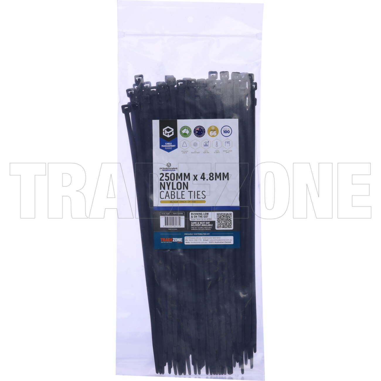 Powerwave 250mm x 4.8mm Plastic Cable Ties Black Pack of 100 - Image 2