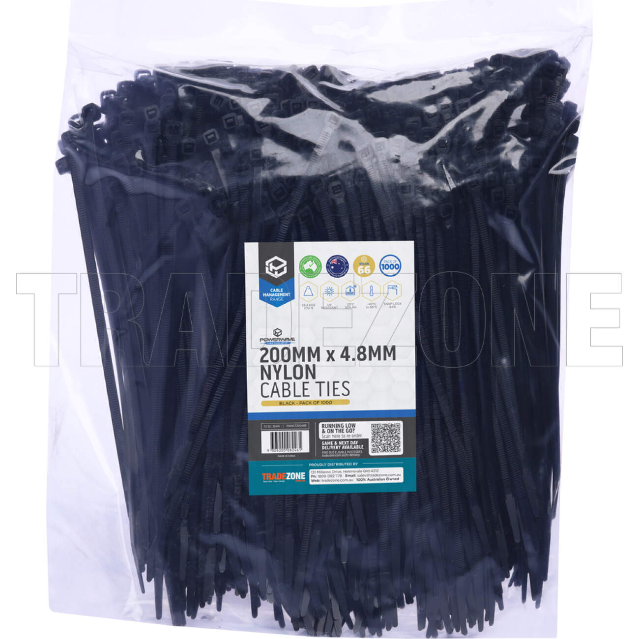 Powerwave 200mm x 4.8mm Nylon Cable Ties Black Pack Of 1000 - Image 2