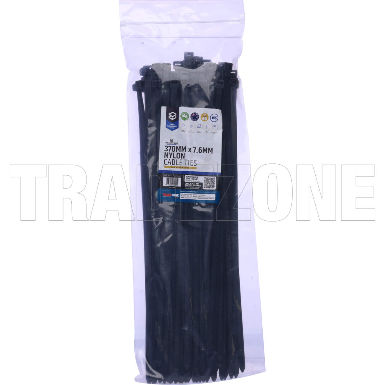 Powerwave 370mm x 7.6mm Plastic Cable Ties Black Pack of 100 - Image 2