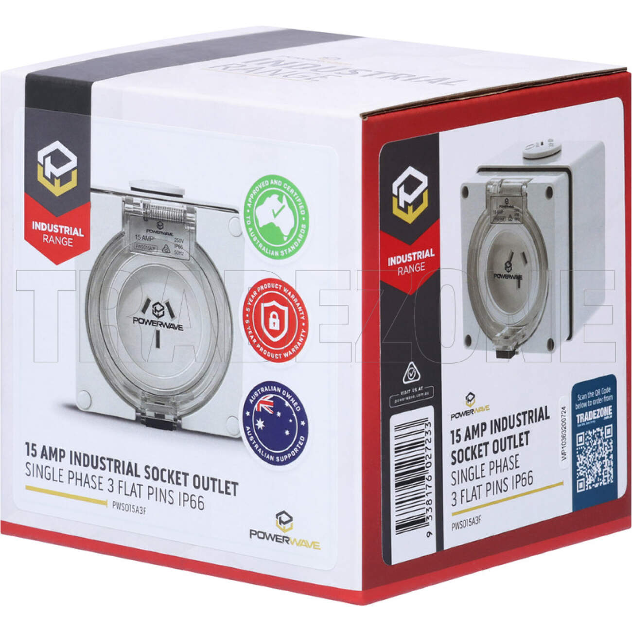 Powerwave 15 Amp Single Phase 3 Flat Pins IP66 Industrial Socket Outlet Grey - Image 5